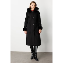 Ekol Kadın Yakası Ve Kolları Kürklü Kaşe Kaban 6055 Siyah Siyah