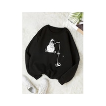 Medinenur Astronot Baskılı 2 İplik Şardonlu Bisiklet Yaka Swatshirt Siyah