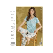 Seamlife Kadın Extra Yumuşak %100 Pamuk V Yaka Milan Kısa Kollu Pijama Takımı Turkuaz