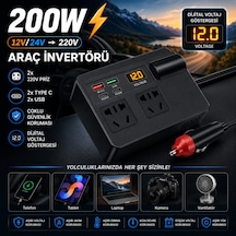 Polham 200w Araç İnvertörü 12v/24v 220v 2 Priz 2x Usb-c 2x Usb Qc 3.0 Dijital Ekranlı Şarj Güç Çoğaltıcı
