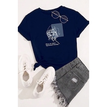 Unisex Minimal Line Drawing Baskılı Tasarım T-shirt Lacivert