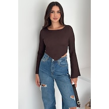 Noa & Noa İspanyol Kol Ribanalı Sivri Etek Uçlu Crop Bluz Modern & Vücuda Oturan Stil Kahverengi