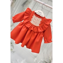 Dantel Ve Fırfır Detaylı Turuncu Krep Kız Çocuk Bebek Elbise Çok Renkli