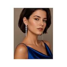 Uzun Sallantılı Taşlı Kadın Küpe -ışıltılı Püskül Model Zarif Abiye Küpe Gümüş - 895529601 Gümüş
