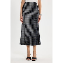Tudors Kadın Slim Fit Dar Kesim Yüksek Bel Midi Boy Viskon Puantiyeli Siyah Etek-50501