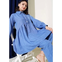 Lovie Moda Kadın Önü Fırfır Detaylı Takım Mavi