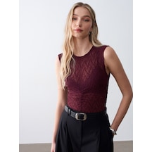 Dilvin 32492 Büzgülü Dantel Top-bordo