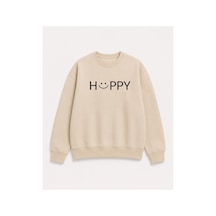 Herkesemoda Hüppy Baskı Detaylı Şardonlu 2 İplik Bisiklet Yaka Sweatshirt Bej