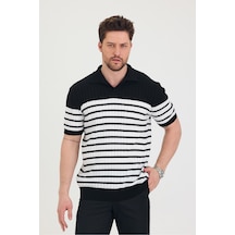 Cool Tarz Erkek Polo Yaka Beyaz Çizgi Detaylı Siyah Triko T-shirt Siyah Siyah