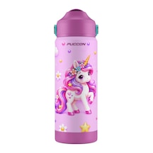 Puccon 540 Ml Sevimli Unicorn Baskılı Pembe - Mor Kız Çocuk Pipetli Çelik Termos Matara/suluk - 60048