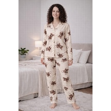Pemilo Kadın 0519 Uzun Kol Süet Pijama Takımı Bej