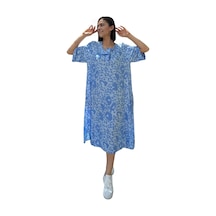 Büyük Beden Yaka Düğmeli Cepli Yırtmaçlı Desenli Midi Boy Viskon Elbise Bebe Mavisi