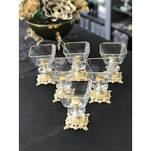 Zen Home Avangard Döküm Ayaklı 6 Adet Yaldızlı Köşeli Kare Salata Magnolia Puding Kasesi Sunumluk Altın