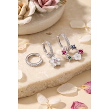 3 Lü Set Gümüş Renk Çiçek Model Küpe
