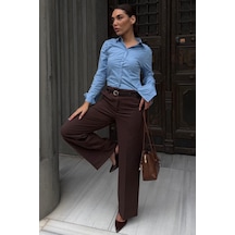 Madmext Kahverengi Çizgili Geniş Paça Normal Bel Kemerli Pantolon Mg2735 Kahverengi