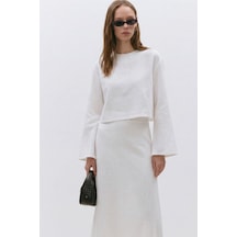 Suud Collection Ekru Mussel Crop Keten Bluz BEYAZ