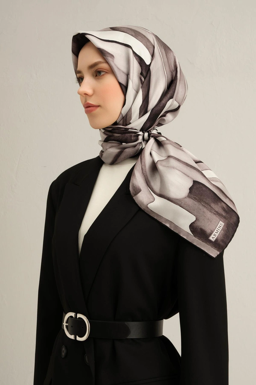 Armine Soyut Desenli Saf İpek Twill Eşarp 9306d 03 KAhverengi