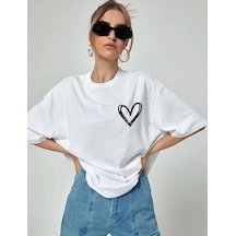 Kadın Kalp Baskılı Oversize Kısa Kol T-shirt - Beyaz Beyaz