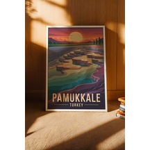 Pamukkale Tablo - Retro Travel Poster - Denizli Şehir Serisi Duvar Dekoru - Çerçeveli İllüstrasyon Beyaz