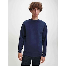 Erkek Indigo Basic Sade Mavi Basic Sade Bisiklet Yaka Sweatshirt