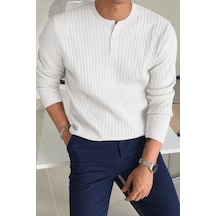 Genius Store Erkek Fitilli Henley Yaka Triko Kazak Regular Fit Düğmeli Kazak Henley-yaka Beyaz