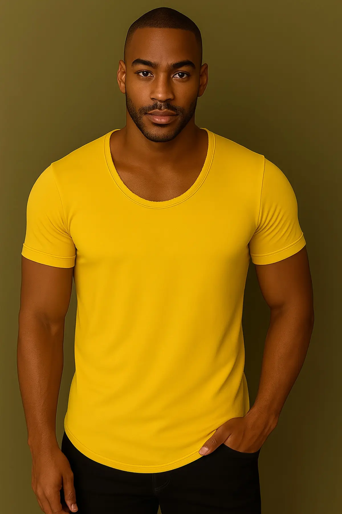 Premium Kalite Erkek Sarı Geniş Yaka Tam Likralı Alt Oval Slim Kesim Tişört T-shirt Sarı