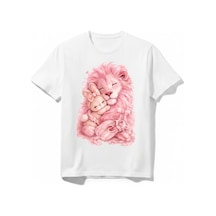 Urbantrendstore Sevimli Aslan Tavşan Unisex Kız Çocuk Bisiklet Yuvarlak Yaka Basic Kısa Kollu %100 Pamuk Tişört Beyaz
