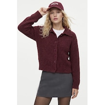 Ritnice Kadın New Robert Yumoş Bordo Polo Yaka Triko Hırka Vişne