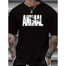 Erkek Anımal Baskılı Tişört Bisiklet Yakayazlık T-shirt - Siyah