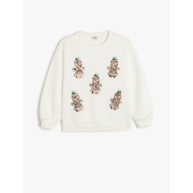Koton Sweatshirt Yılbaşı Temalı Pullu Payetli Kurabiye Adam Baskılı Uzun Kollu Bisiklet Yaka Ekru 5wkg10546ak Ekru
