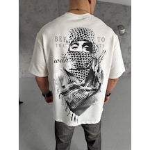 Barlashive Erkek Kısa Kol Tişört Bisiklet Yaka Filistin Poşulu Baskılı T-shirt - Beyaz Çok Renkli