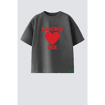 Monila Kız Çocuk Pamuklu Bisiklet Yaka Kalp Baskılı T-shirt Antrasit
