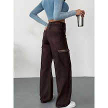 Kadın Kahverengi Taşlamalı Baggy Jean Yüksek Bel Kot Pantolon Denim Kumaş Yanlardan Lazerli Kahverengi+koyu Yıkamalı