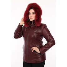 Hakiki Kuzu Derisi Kürklü Ceket Kadın Bordo Kışlık Suya Dayanıklı Ceket Bordo