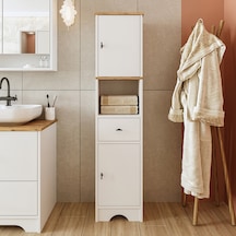 Banyo Dolabı Mdf 155 X 35 Cm Çekmeceli Banyo Boy Dolabı Mat Beyaz Atlantik Çam - Beyaz