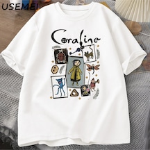 Coraline Cadılar Bayramı T Shirt Kadın Erkek Spooky Vintage Tişört Harajuku Güz Kısa Kollu Ts Beyaz
