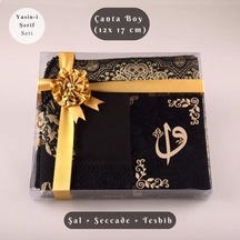 Şal + Seccade + Tesbih + Yasin Hediye Seti Çanta Boy, Elifvav, Raşel Cilt, Siyah