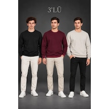 Erkek 3lü Bisiklet Yaka İçi Şardonlu 2 İplik Düz Uzun Kollu Regular Fit Sweatshirt - Siyah - Bordo - Çok Renkli