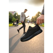 Enoch Hakiki Deri Lazer Kesim Lastikli Günlük Erkek Sneaker Comfort Taban Siyah - Antrasit
