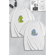 Unisex Kadın Erkek Dinozor Baskılı Sevgili Çift Kombini Tasarım Oversize Tshirt 2'li Beyaz Mck0113 Beyaz