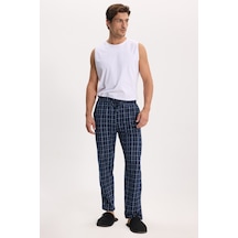 Tudors Erkek Standart Fit Normal Kesim Pamuklu Kareli Beli Bağcıklı Cepli Lacivert Pijama Altı-51262