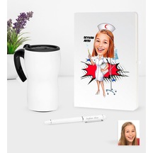 Kişiye Özel Hemşire Karikatürlü Beyaz Defter Kalem ve Termos Mug