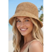 Tezzgelsin Kadın Hasır Örgü Bucket Şapka Tığ İşi Crochet Bohem Plaj Ve Güneş Şapkası Camel