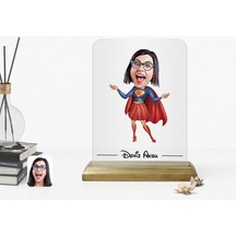Kişiye Özel Süper Anne Karikatürlü Ahşap Standlı Çerçeve