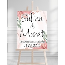 Söz Nişan Düğün İçin 50x70 Karşılama Panosu - Pembe Çiçekli Beyaz