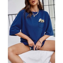 Cep Çiçek Tasarım T-shirt - Sax Mavi Baskılı Oversize Bisiklet Yaka Kısa Kol Tişört Sax Mavi
