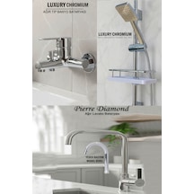 3 Lü Lüks Batarya Duş Takımı Geniş Şampuanlıklı Sürgülü Duş Banyo Lavabo Muslukları Krom Renk Krom