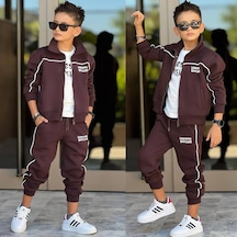 Erkek Çocuk 3 Parça Şardonlu 3 İplik Eşofman Takımı Fermuarlı Ceket, Tişört Ve Jogger Pantolon 43182-k Kahverengi