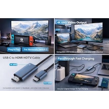 Usb-c To Hdmı Kablo 4k 60hz Switch 2 İle Uyumlu, Macbookile Uyumlu, İpad İle Uyumlu Ve Telefonlar İçin Hd Görüntü Ve Power Delivery 100w Şarj Desteği Type-c - Hdtv Bağlantısı Zr1160