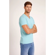 Erkek Body T-shirt V Yaka Slim Fit Likralı Kısa Kol Tişört - Turkuvaz Turkuaz